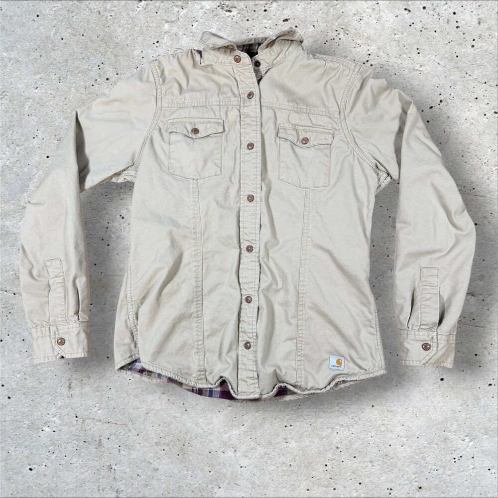 Carhartt Women Small Flannel Lined Canvas Shirt Jacket Snap Button Tan Shacket